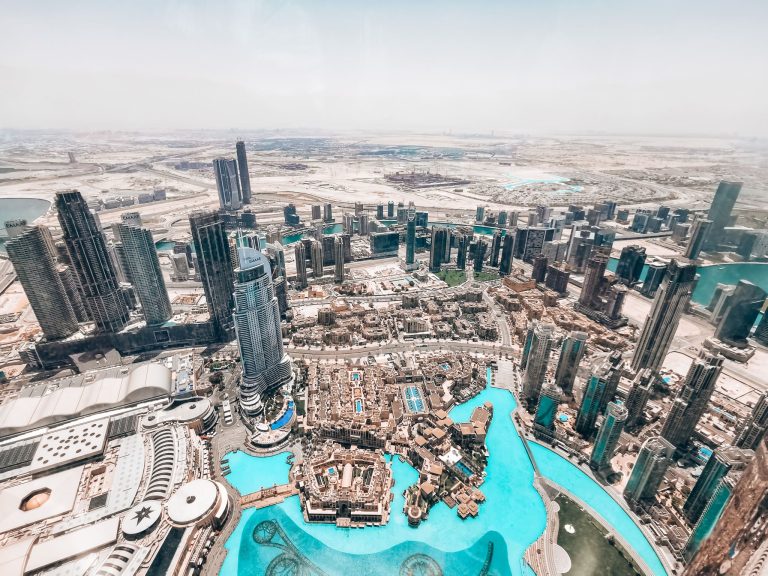 View from the top of the Burj Khalifa over Burj Lake and Downtown Dubai