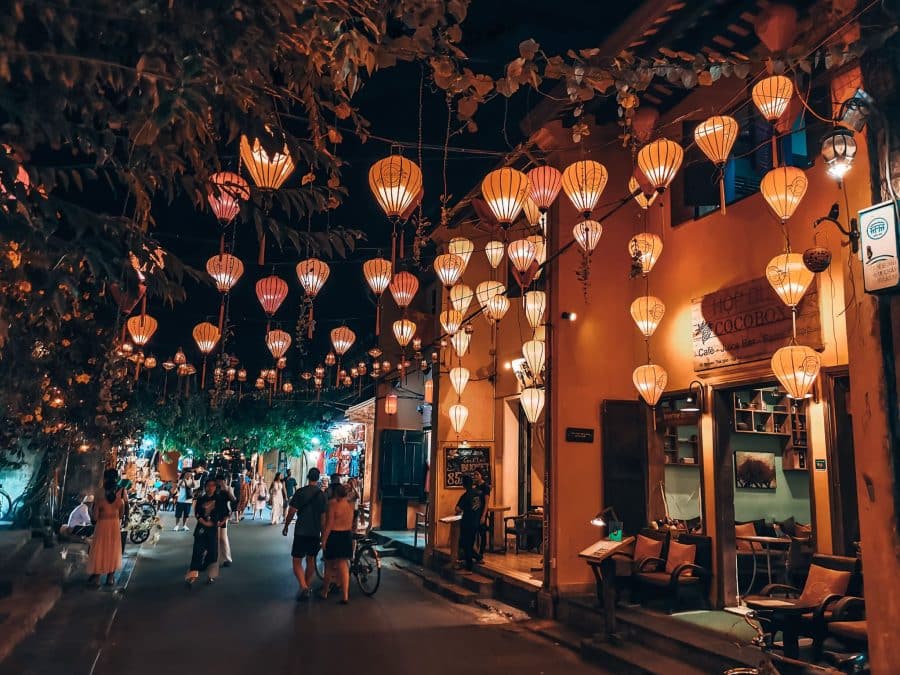 Beautifully lit lantern street at night in Hoi An, Vietnam