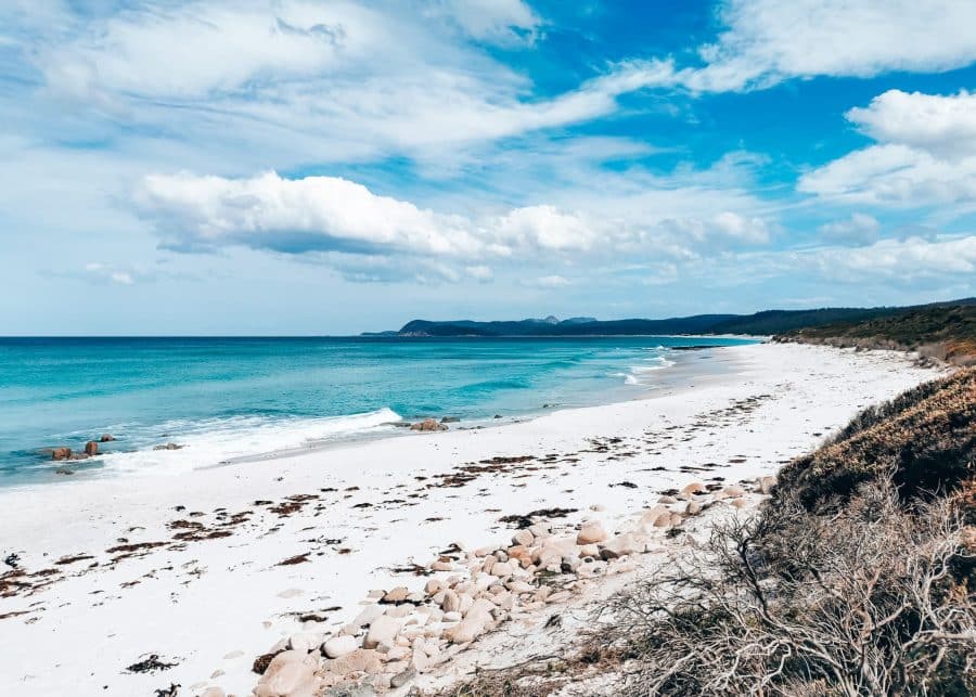 A long stretch of fine white sand lapped at by turquoise waters on the rugged and untouched Friendly Beaches, best things to see in Tasmania, Australia