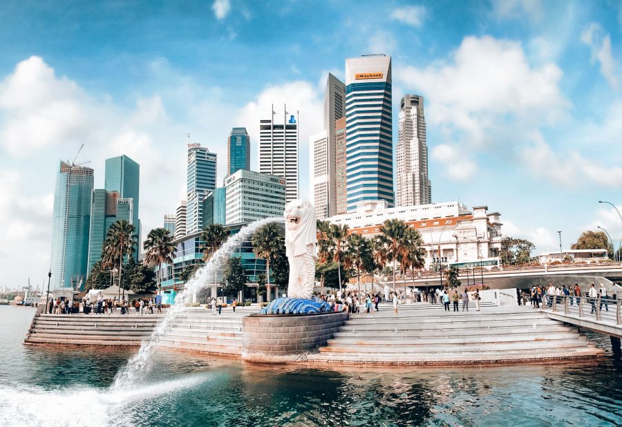 The huge Merlion, lion fountain with towering skyscrapers behind it, where to stay in Singapore