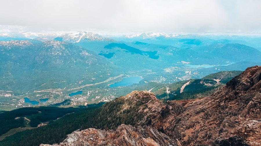 Views over the lakes surrounding Whistler in summer from Whistler Mountain, British Columbia, Canada
