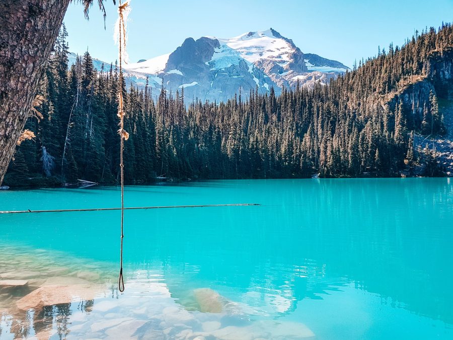 The iconic log and rope swing at Middle Joffre Lake with Matier Glacier looming above, Canada