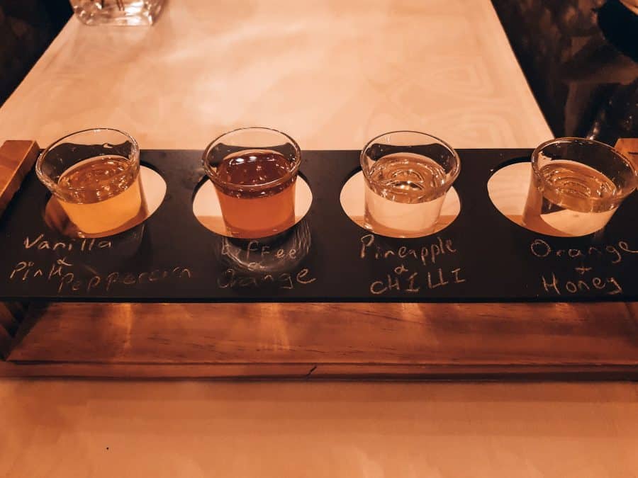 4 different flavours of rum while doing rum tasting at The Oberoi in Mauritius, Indian Ocean