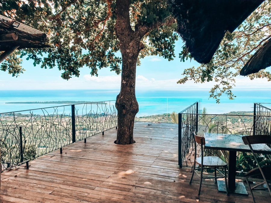 The incredible view from Le Chamarel Restaurant over the lush interior of Mauritius out to the striking turquoise Indian Ocean