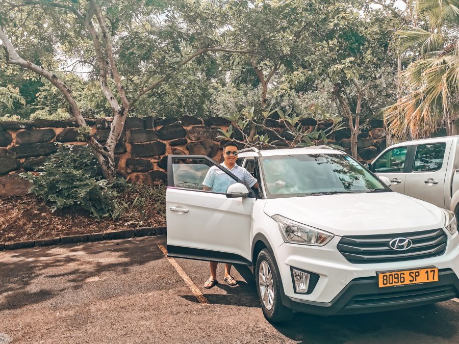 Andy stood next to our hire car as it's the easiest way to get around Mauritius