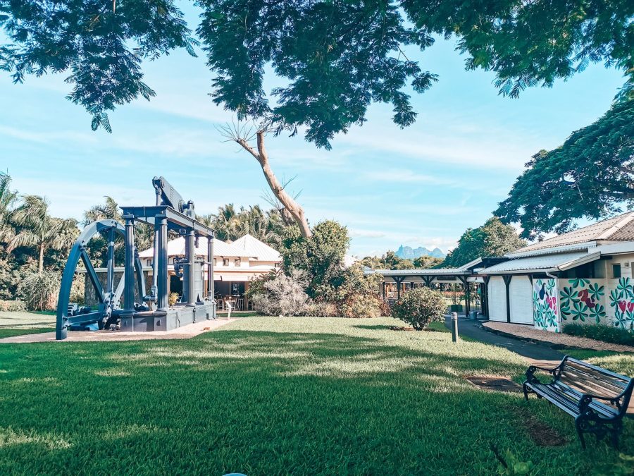 The beautiful grounds of L'Aventure du Sucre with lots of greenery, Mauritius