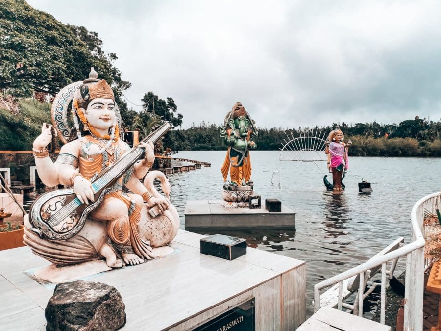 Shrines on the lake waterfront at Ganga Talao, Mauritius