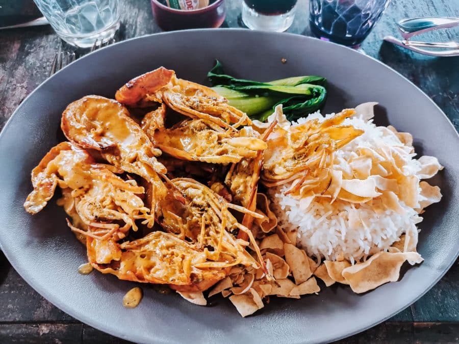 Helen's delicious lunch at Le Chamarel Restaurant of grilled prawns with rice, Mauritius