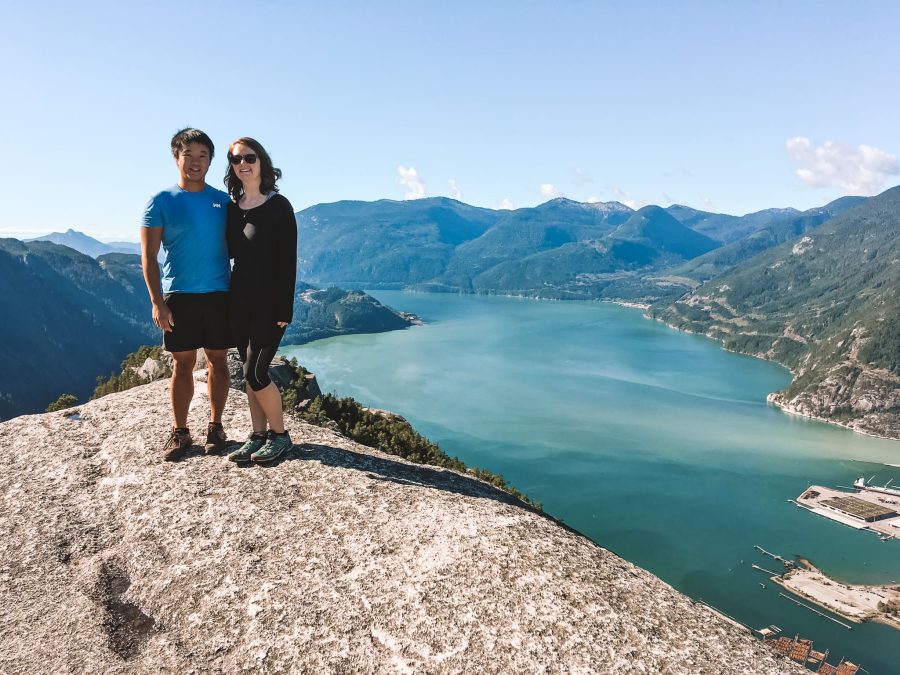 Andy and Helen on one of the peaks of Stawamus Chief, Squamish overlooking Howe Sound, Whistler, British Columbia, Canada