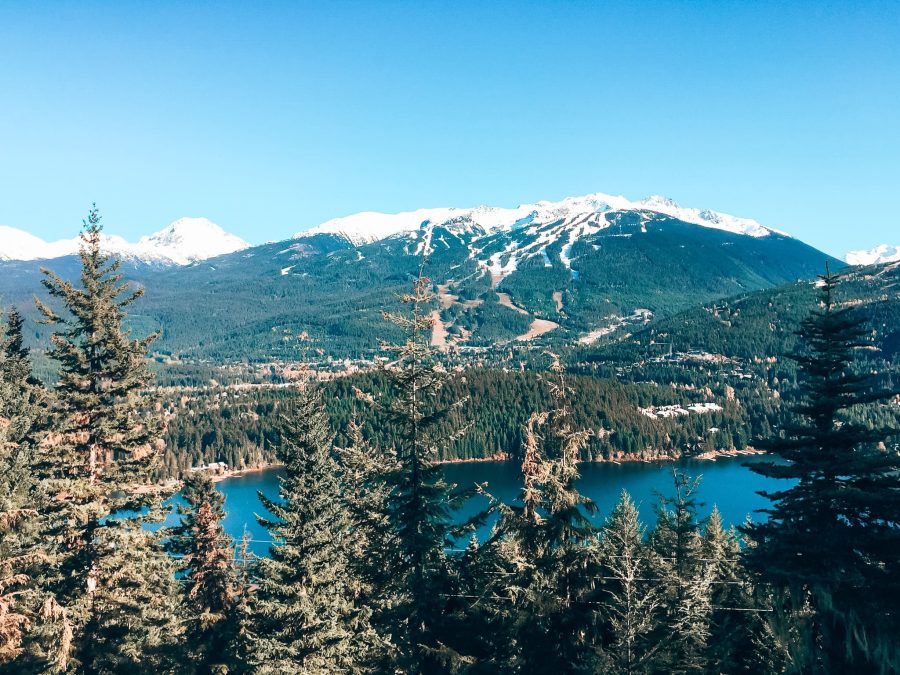 View over Alta Lake to the snow-capped Whistler Mountain and Blackcomb Mountain in Whistler in summer, British Columbia, Canada