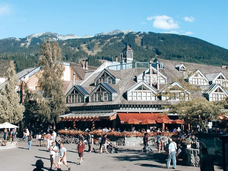 View across Whistler Village with Whistler Mountain in the background, Whistler in summer, British Columbia, Canada