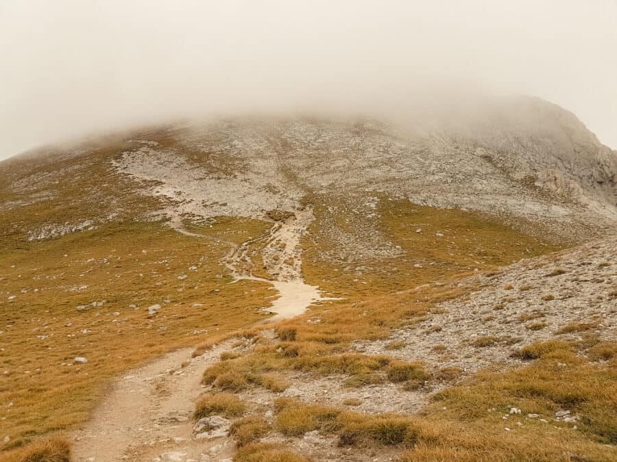 The summit of Mount Vihren shrouded in thick fog, Bansko, Bulgaria