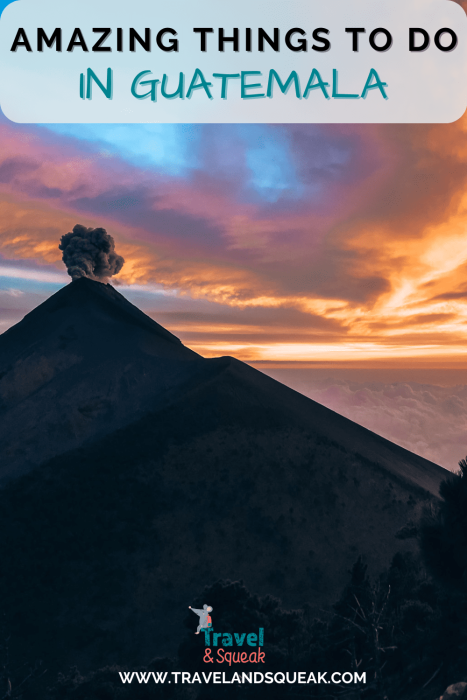 Pin on things to do in Guatemala with an image of Volcan Acatenango at sunset looking over the erupting Volcan Fuego