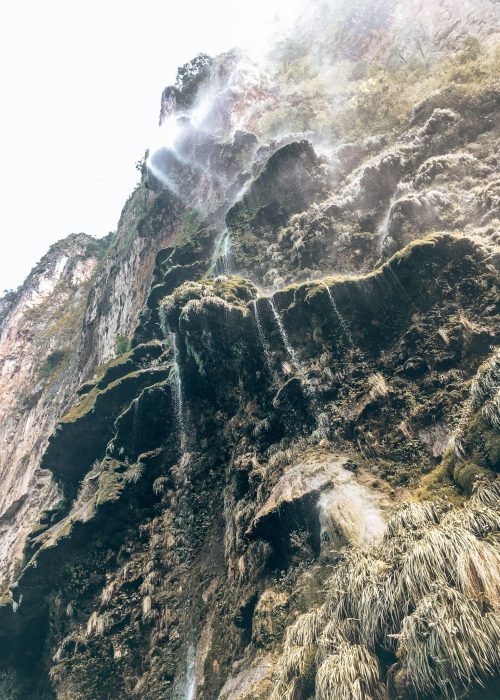 The view from underneath the fascinating Cascada Arbol de Navidad cascading down the imposing walls of the Canon del Sumidero, San Cristobal de las Casas