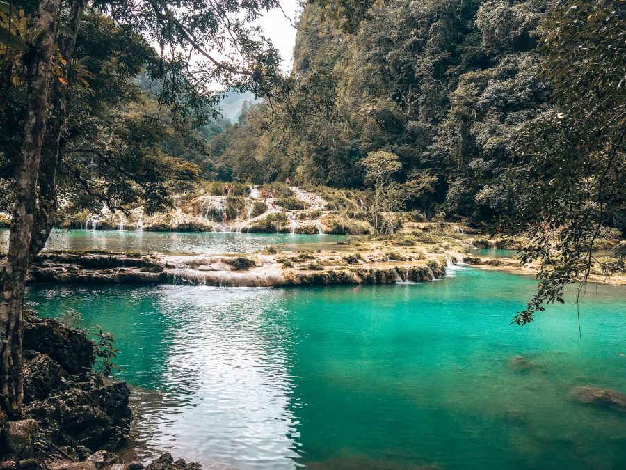 Semuc Champey in Lanquin; Striking turquoise cascasing pools nestled amongst thick lush rainforest, one of best things to see in Guatemala, Central America