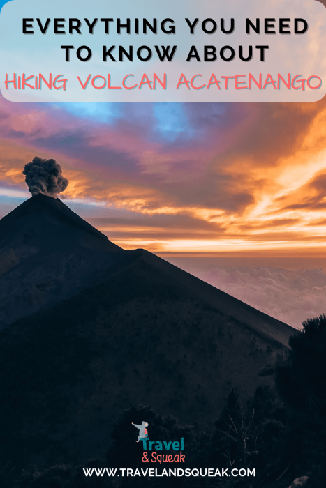 Pin to save our guide on hiking Volcan Acatenango with an image of Volcan Fuego erupting during sunset, Guatemala