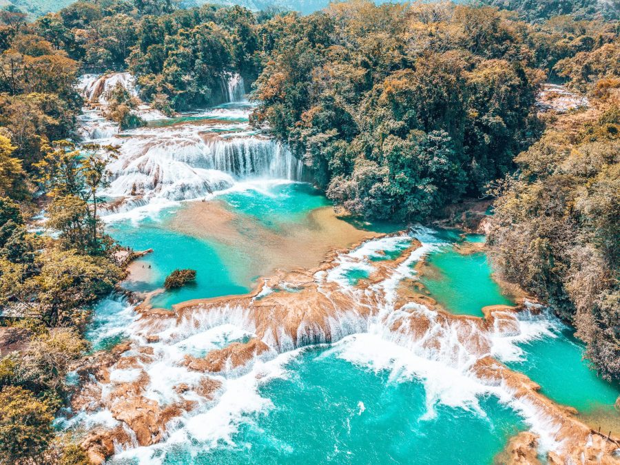 Striking blue cascading waterfalls surrounded by thick lush tropical jungle, Agua Azul, San Cristobal de las Casas, Mexico