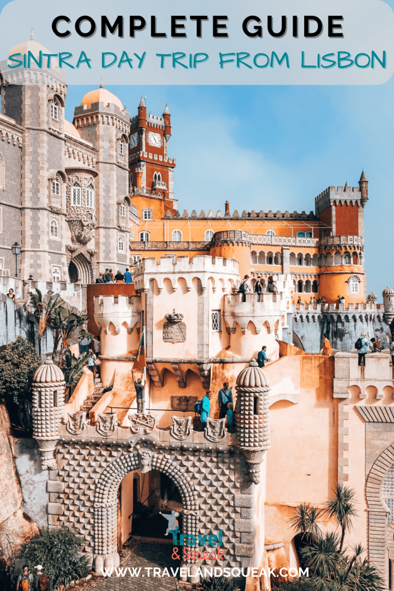 A pin on a Sintra day trip From Lisbon with an image of the extravagant Pena Palace