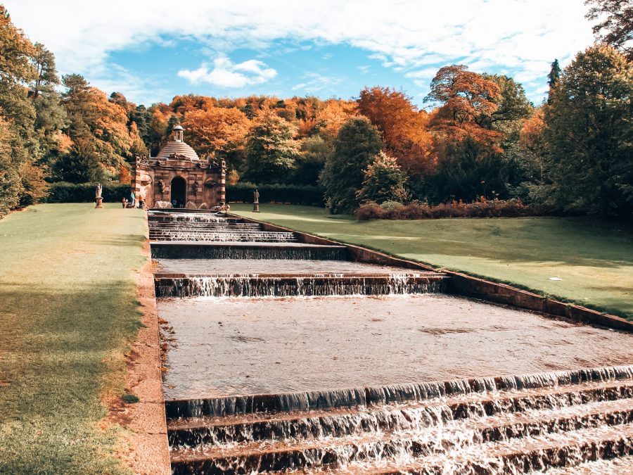 The beautiful Chatsworth House Gardens with a tranquil water feature, Peak District, Derbyshire