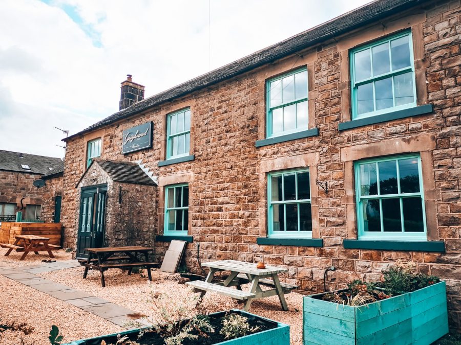 Old exterior of the Greyhound Pub in Warslow, Peak District