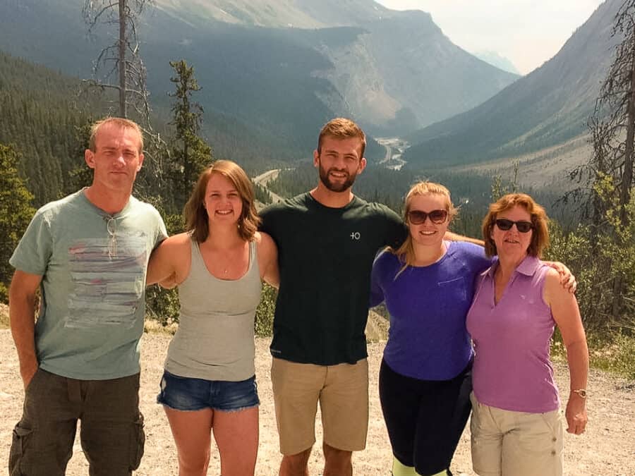 Hazelwood family photo on the Icefield Parkway on our Calgary to Vancouver road trip