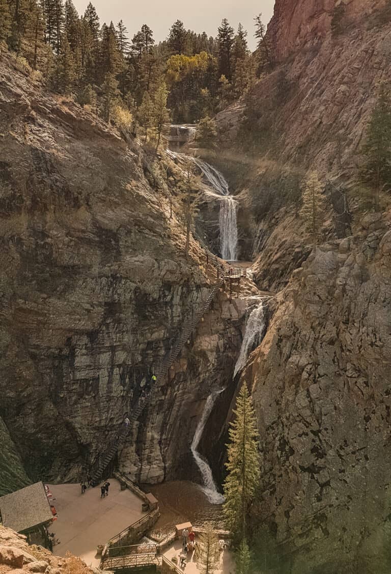 The towering waterfall at Broadmoor Seven Falls on our Colorado road trip, Colorado Springs, USA