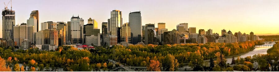 Calgary skyline with golden fall colours was our first stop on our Calgary to Vancouver road trip