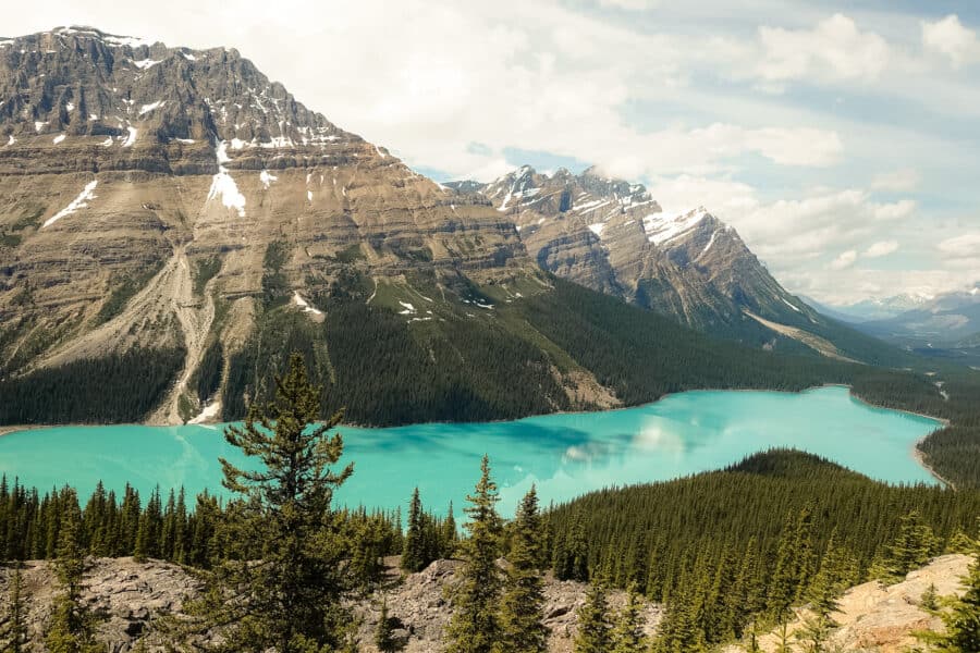The striking blue of glacial Peyto Lake is a highlight of any Calgary to Vancouver road trip