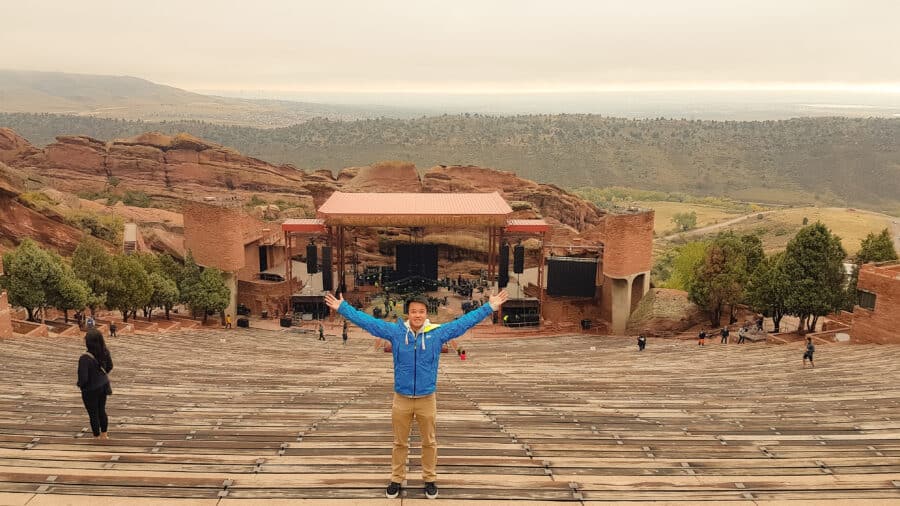 Andy at Red Rock Amphitheatre on our Colorado road trip, Denver, Colorado, USA