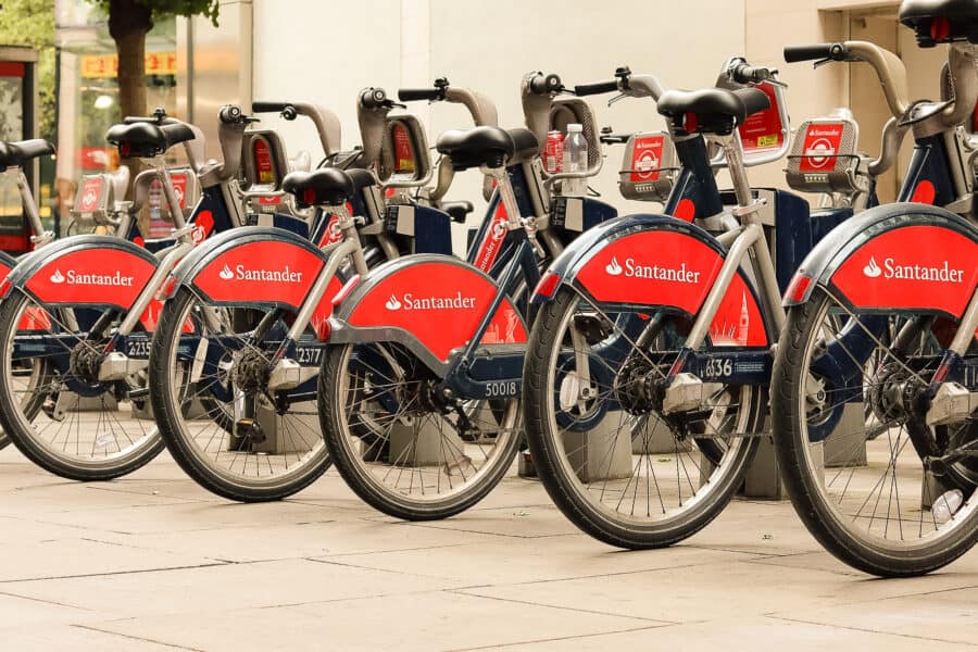 A row of Santander bikes in their docking station, London