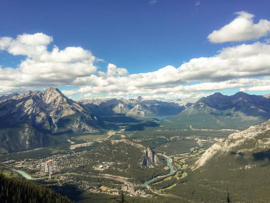 View from the summit of Sulphur Mountain over Banff and Tunnel Mountain, Canada