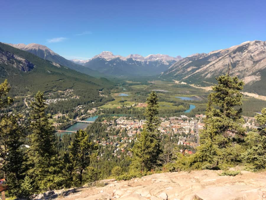 View from the summit of Tunnel Mountain over Banff Town and the surrounding mountain ranges, Canada