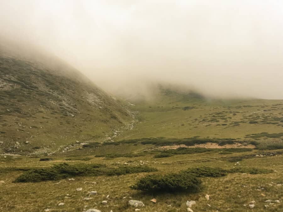 Hiking up Botev Peak shrouded in thick cloud, can't see a thing, Kalofer, Bulgaria