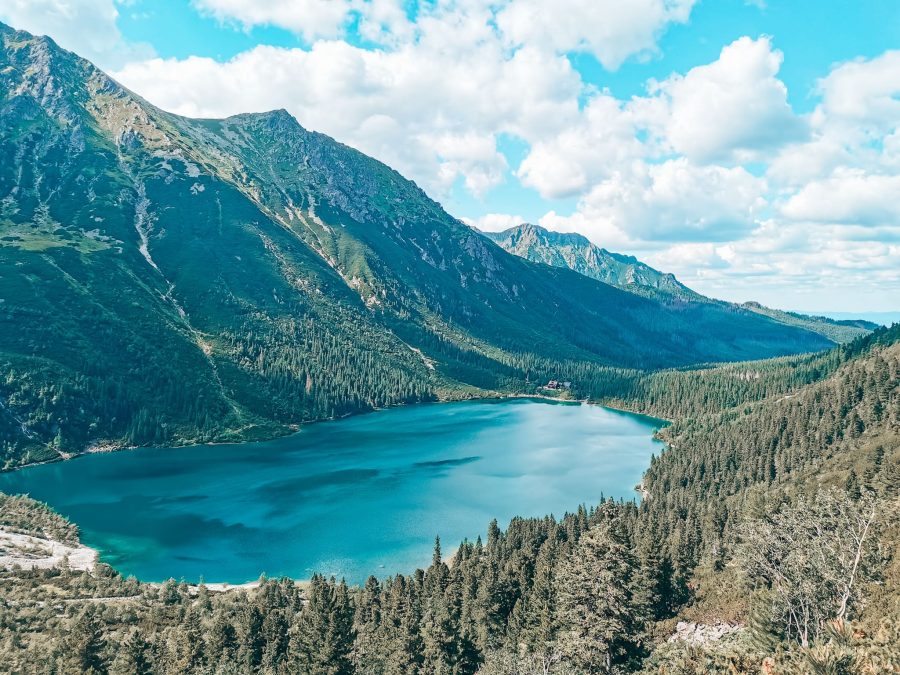 Hiking up Rysy Mountain and look down onto Morskie Oko Lake, Tatra Mountains, Poland