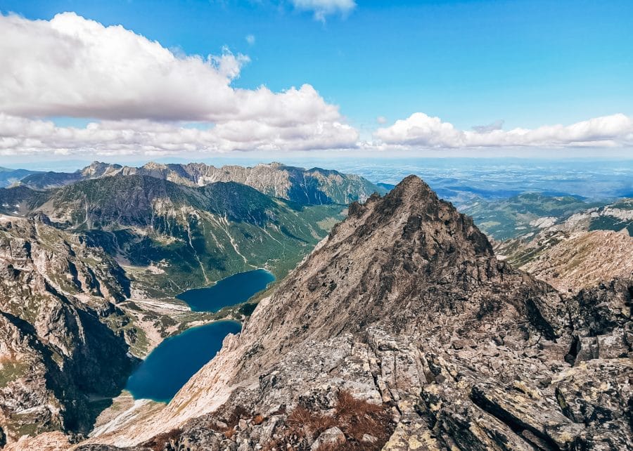 View from Rysy Peak over the Tatra Mountains and Czarny Staw and Morskie Oko Lakes below, Zakopane, highest peak in Poland