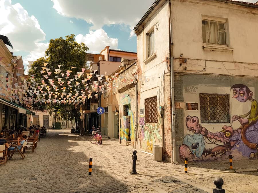 Street art on the buildings in Plovdiv's Kapana is one of the prettiest places to visit in Bulgaria