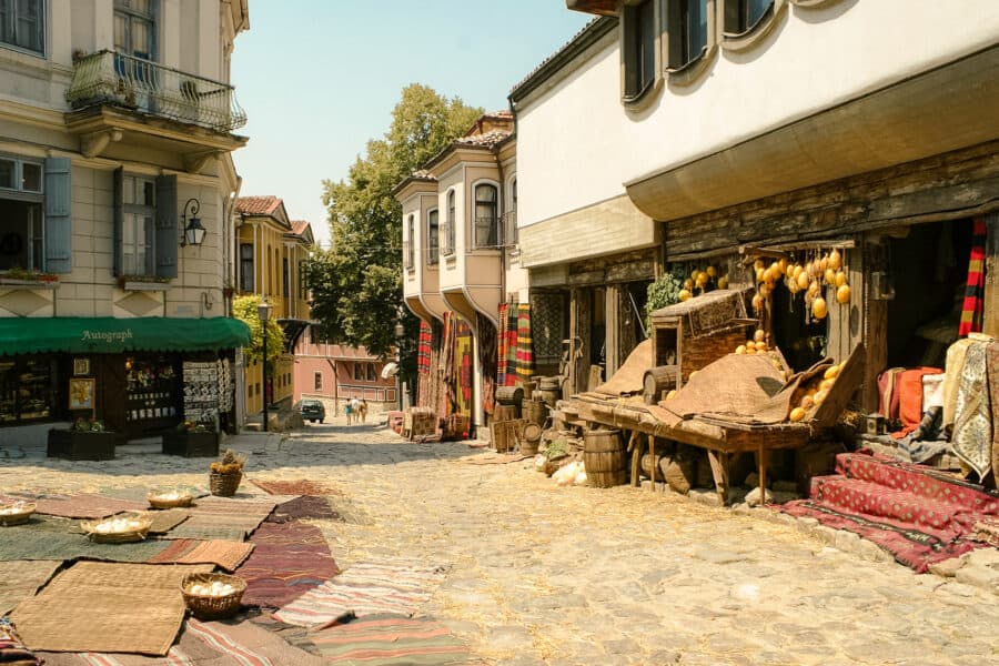 Shops in Plovdiv's Old Town lining the narrow cobbled streets, Bulgaria