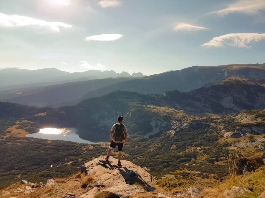 Andy looking out over the incredible mountain scenery at Seven Rila Lakes was one of the best places to visit in Bulgaria