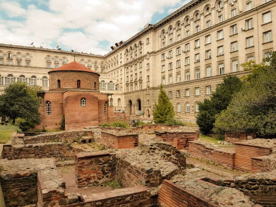 The maroon coloured ruins of the St George Rotunda, Sofia, Bulgaria