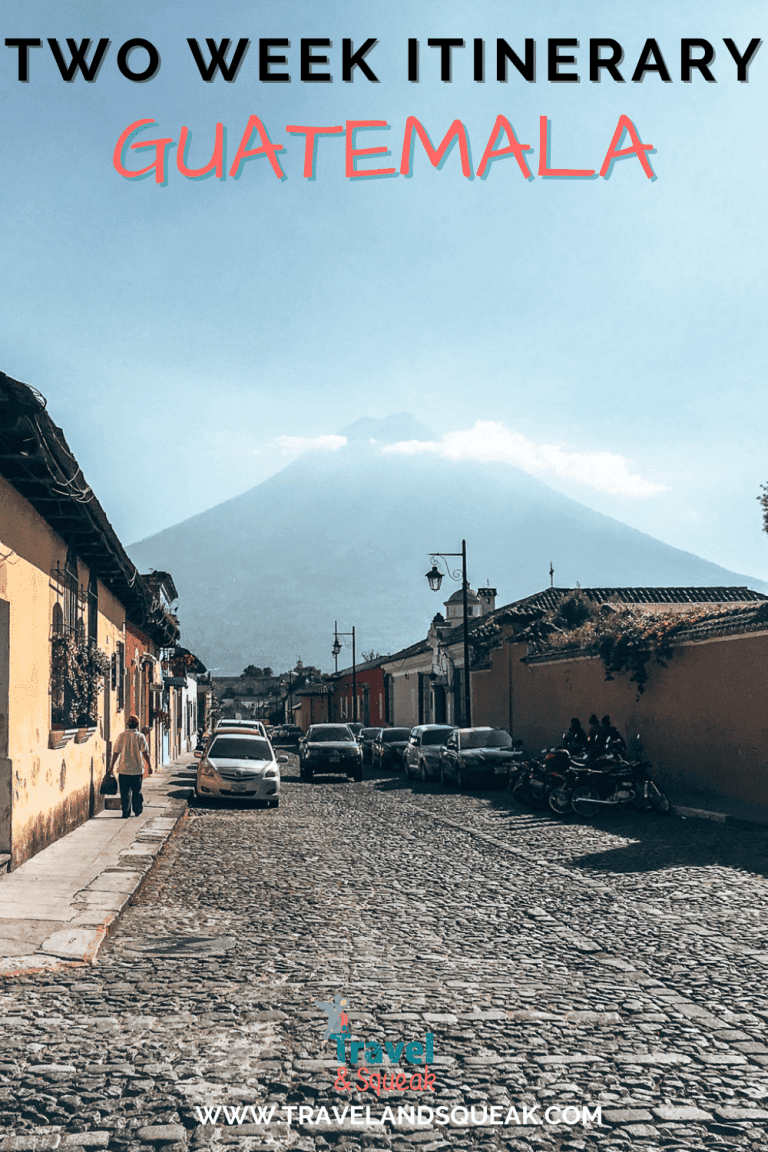 A pin on a two week Guatemala itinerary with an image of Antigua with Volcan Agua looming in the distance,