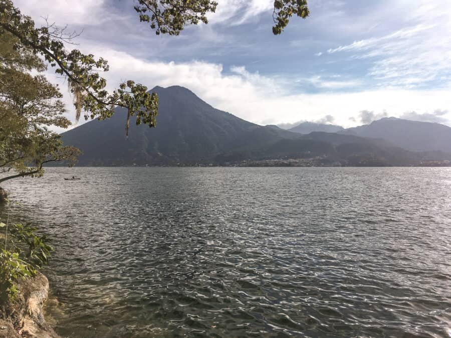 Cerro Tzankujil Nature Reserve is perfect for swimming in Lake Atitlan with magnificent views of San Pedro Volcano, Guatemala