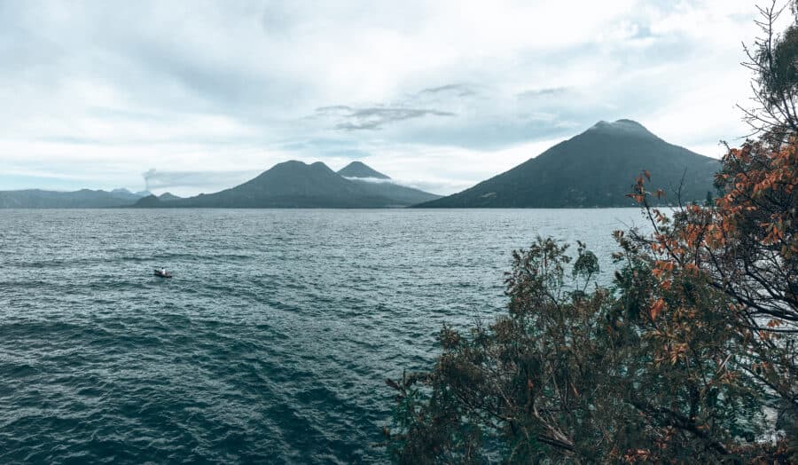 View from San Marcos La Laguna at the volcanoes on the opposite side of Lake Atitlan, Guatemala