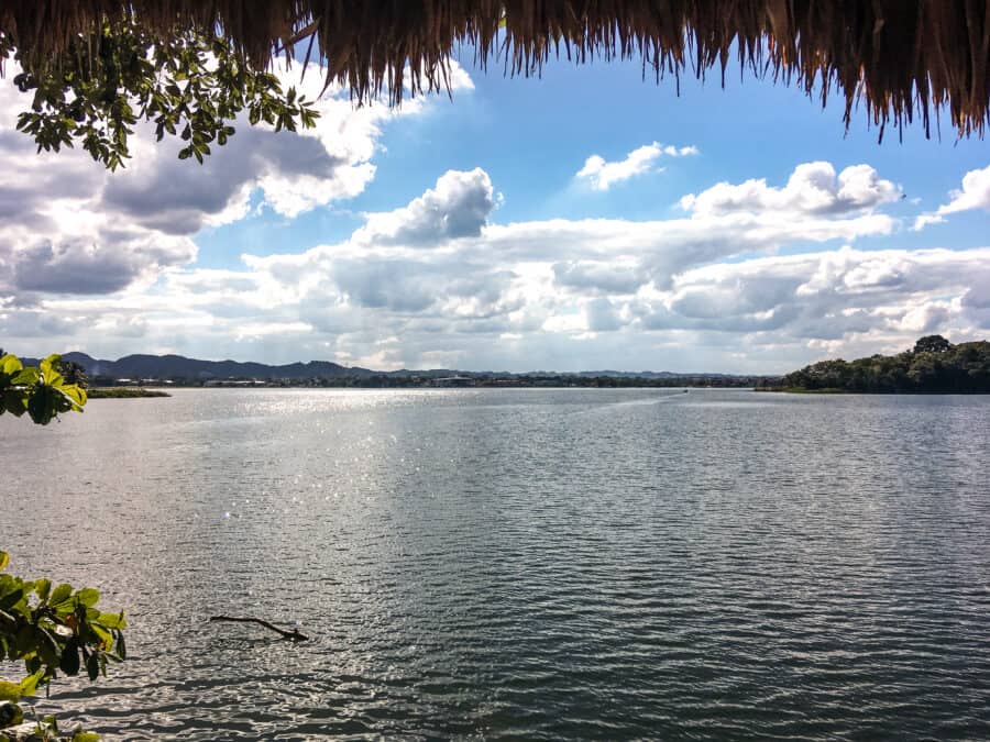 The vast Lake Peten Itza with mountains in the background, Flores, Guatemala