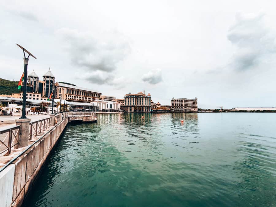 The buildings along Le Cauden Waterfront overlooking the ocean, Port Louis, Mauritius