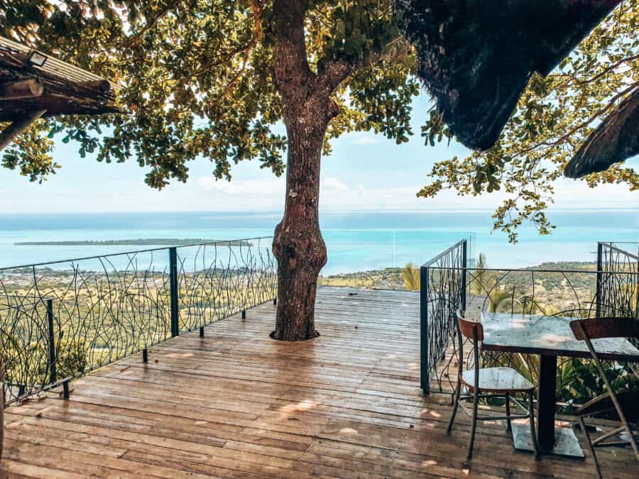 Viewing deck at Le Chamarel Restaurant overlooking Le Morne Brabant and Ile aux Benitiers, Mauritiius