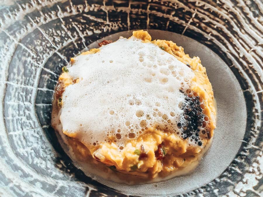 Turtle Bay sea urchin scrambled eggs for breakfast in The Oberoi, Mauritius