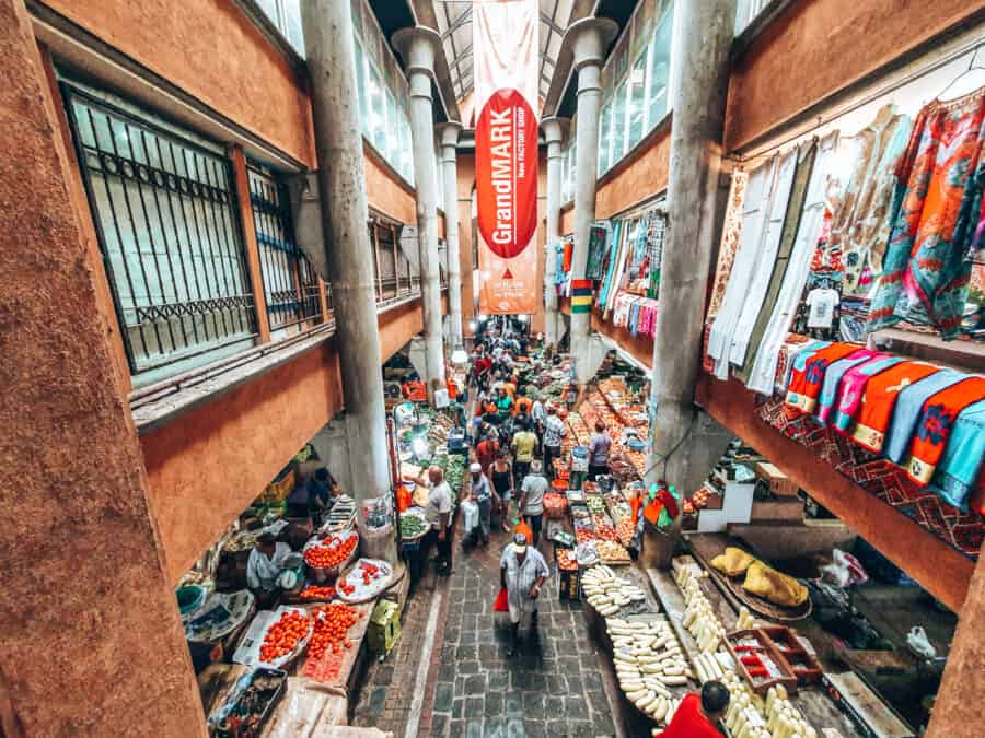 View down over Port Louis Central Market and the colourful market stalls, Mauritius