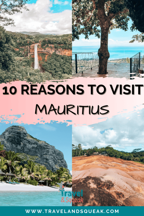 A pin on reasons to visit Mauritius with images of Le Chamarel Waterfall, Le Morne Brabant and Seven-Coloured Earth