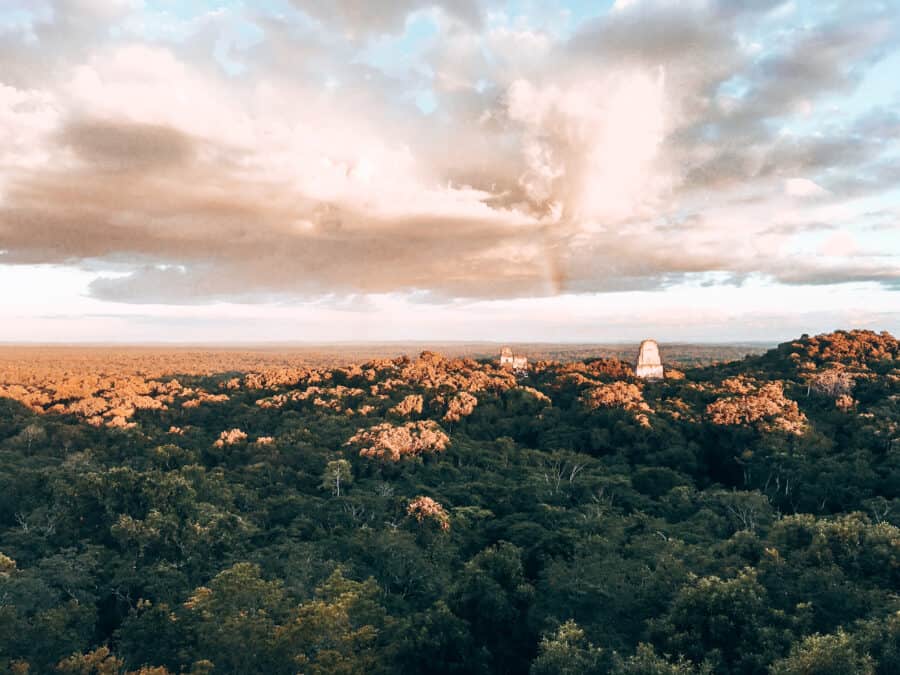 Sunset over Tikal National Park and the thick tropical jungle, Guatemala