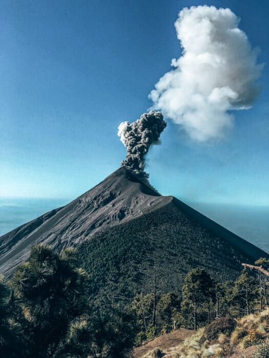 The view from Volcan Acatenango of Volcano Fuego erupting, Antigua